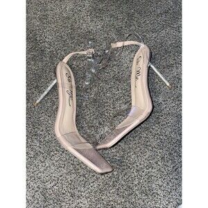 So Me Strappy Stiletto Patent Heels Beige Ankle Clear Strap Open Toe Size 9 Heel